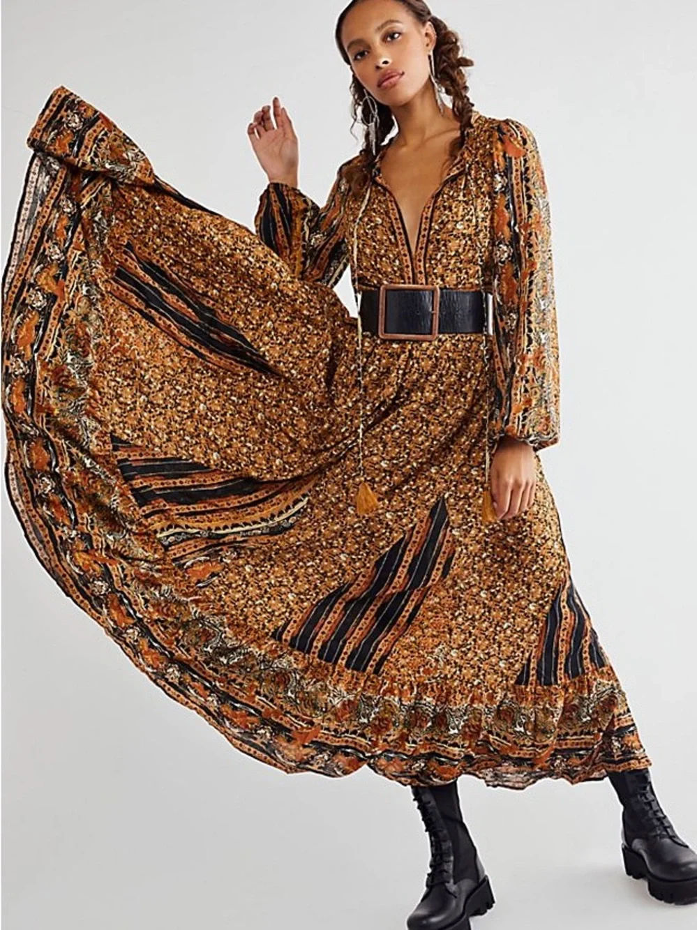 Free People Rust Floral brown Bohemian Happy Feelings Maxi Dress size small